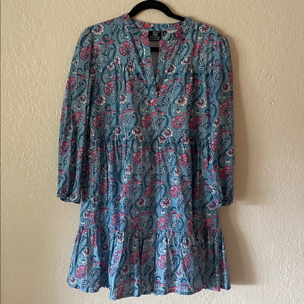 Madison Matthews 100% Cotton Floral Long-Sleeve Mini Dress Size M Vacation Beach - Picture 2 of 8